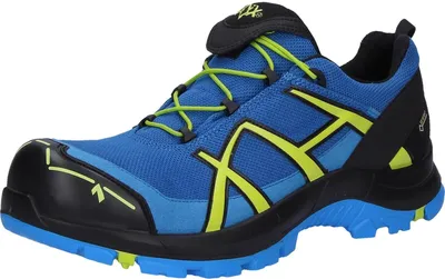 A single blue and yellow safety shoe is shown against a white background.