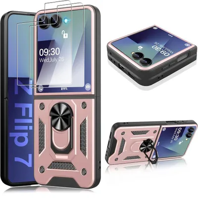 Image de Coque + 2 Verres Trempés pour Samsung Galaxy Z Flip 7, Protection Rigide avec Anneau Rotatif - Rose