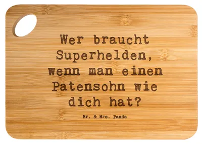 Produktbild von Mr. & Mrs. Panda Holzbrett Spruch Patensohn Held - Transparent - Geschenk, Unterstützung, Frühstücksbrettchen, Schneidebrett, Taufpate, liebevolle Botschaft, Patenschaft