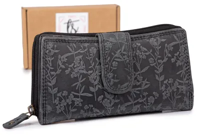 Produktbild von Große Damen Geldbörse Portemonnaie Echt Leder RFID Blumenmuster Schwarz