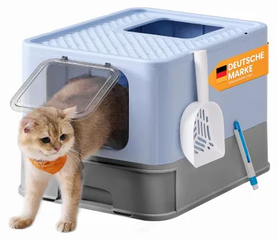 Productafbeelding van Feandrea kattenbak, kattenwc, met deksel, uitneembaar bakje, schep, borstel, geschikt voor katten tot 15 kg, vermindert geur, lekvrije bodem, lichtblauw-duifgrijs. Modelnummer: PPT001Q01