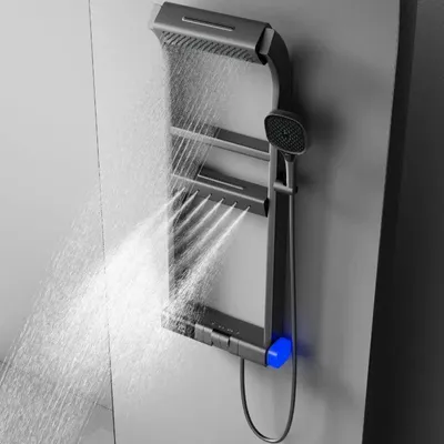Produktbild von Duschsystem - Thermostatisches Duschset - Digitalanzeige - Hochdruck - Drehbarer Duschkopf - Handbrause - 3 Griffe - Messingventilkern - Grau