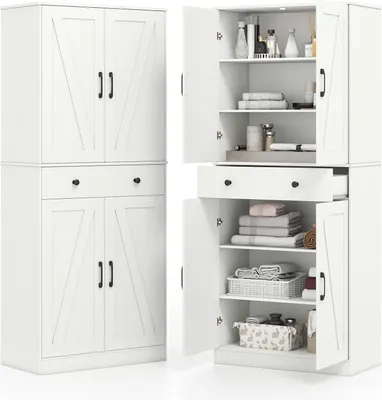 A white kitchen cabinet with doors and drawers, shown from the front and side with one side open to reveal shelves and stored items.