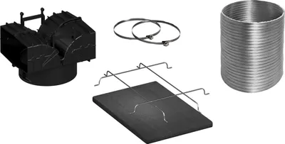 A product image showing a black ventilation component, two metal hose clamps, a dark square filter with wire racks, and a coil of silver flexible ducting, all set against a white background.