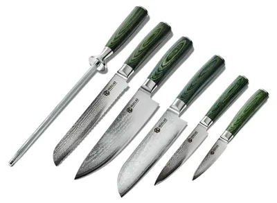6-tlg. Messerset, japanische Damastklingen, Pakkaholzgriffe, 20 cm Kochmesser
