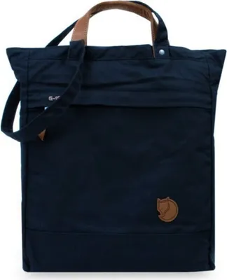 A navy blue tote bag with brown leather accents and a brand logo.