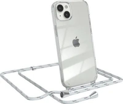 A clear iPhone 14 Plus case with a white lanyard is shown against a white background.