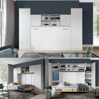 Produktbild von Schrankbett Wandklappbett horizontal HB 90x200 mit aufsatz & 2 Schränken weiß hochglanz