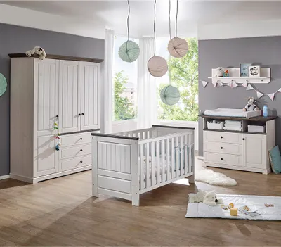 Produktbild von Babyzimmer komplett Set Kiefer weiß mit grau JAANIKA-69, 4-teilig