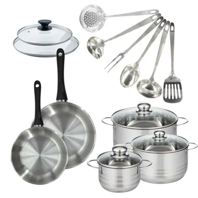 Image de Batterie de cuisine 2 poêles 20/24 cm et couvercles, 3 faitouts 16/20/24 cm et 6 ustensiles Fackelmann Geneva