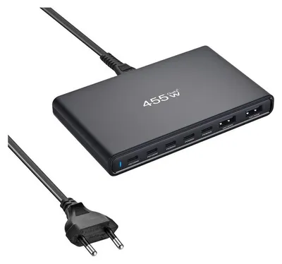 Obrázok produktu pre Bakeey 455W GaN USB-C nabíjačka 7-portová stolná nabíjacie stanica PD QC rýchla nabíjačka 5×USB-C 2×USB-A EU zástrčka pre smartfón, notebook, tablet