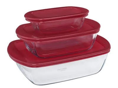 Productafbeelding van Pyrex Cook&Store set van voorraadpotten, kom met deksel, en ovenschaal, gemaakt van borosilicaatglas