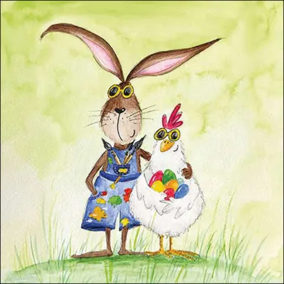 Produktbild von Servietten Papier 33x33cm 3-lag. mit lustigem Osterhase & Huhn 20 Stk