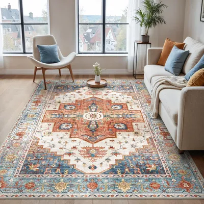Immagine prodotto di Tappeto lavabile per soggiorno, 240x300 cm, stile vintage, colore blu e rosso