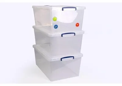 Zdjęcie produktu dla Really Useful Box 62CCB-PK3 Really Useful Box – pojemniki do przechowywania, 3 szt., 62 l, przezroczyste, 44,0 x 69,5 x 28,7 cm