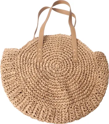 Produktbild von Strohhandtasche, handgewebte Strandtasche, Khaki, runde Form, für Damen, Reisen, Pendeln, Einkaufen
