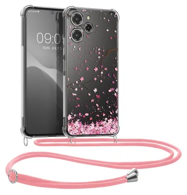 Produktbild von kwmobile Necklace Case kompatibel mit Xiaomi Redmi 12 Hülle - Silikon Cover mit Handykette - Rosa Dunkelbraun Transparent Kirschblütenblätter