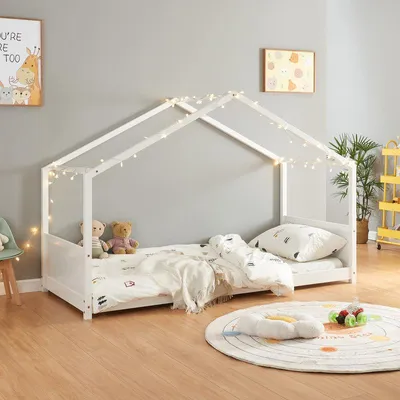 Produktbild von Kinderbett 90x200 cm, weißes Hausbett aus massivem Kiefernholz, Spielbett