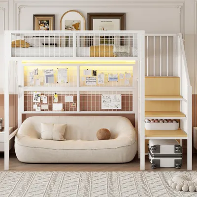 Produktbild von okwish Etagenbett 90×200 mit APP-gesteuerten und LED-Lichtleisten,Eisenbett mit Treppestauraum und offenem Kleiderschrank,Hochbett für Kinder und Jugend,ohne Matratze,Weiß