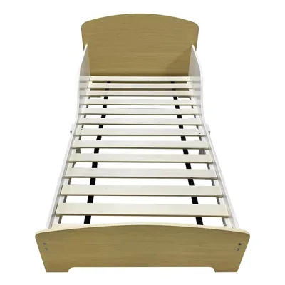 Produktbild von Zweifarbiges Kinderbett Holzoptik Weiß, beidseitigem Rausfallschutz & Lattenrost, Juniorbett für Kleinkinder, Gesamtmaße 142,4×77×60 cm, passend für M