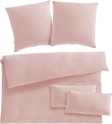 Produktbild von Pure Label Musselin Bettwäsche 200x220 bestehend aus einem Bettbezug 200x220 cm + Kissenbezug 80x80 2er Set + 40x80 Kissenbezug 2er Set in rosa