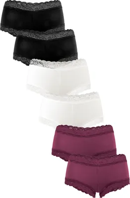 Produktbild von Fabio Farini - 6 Stück Damen Hipster Unterwäsche - Unterhosen aus Baumwolle mit Stretch mit floraler Spitze am Bund und Beinabschluss