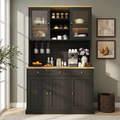 Produktbild von Buffetschrank 120 x 40 x 191 cm mit Glastüren, Gläserhalter, Steckdosen, USB-A und USB-C, verstellbaren Einlegeböden, Schwarz