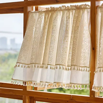 Obrázek produktu pro Disková záclona boho vintage krajková bistro záclona se střapcem dvouvrstvá lněná krátká záclona do kuchyně obývacího pokoje ložnice, ŠxV: 76x61cm