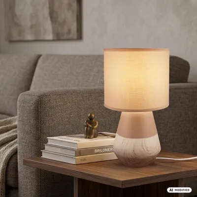 Image de Briloner Lampe de chevet pied en céramique Ø18x34 cm douille E14 max. 25W interrupteur filaire beige aspect bois - Lampe de table salon chambre couloir