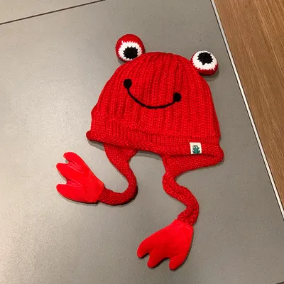 Produktbild von Froschmütze häkeln Strickmütze mit großen Augen, Frosch Strickmütze, Winter Ohrenschutz Beanie Mützen, gestrickte Mützen für den Outdoor Herbst Winter, Damen Hüte, Rot