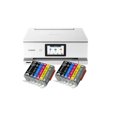 A white Canon printer is shown with two sets of ink cartridges in front of it.