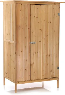 Zdjęcie produktu dla Domek ogrodowy z 1 drzwiami, w naturalnym kolorze, wykonany z drewna, o wymiarach 92 x 57 x 154 cm. Idealny jako schowek na narzędzia w ogrodzie. Można go również wykorzystać jako szopę na narzędzia, szafkę ogrodową lub schowek