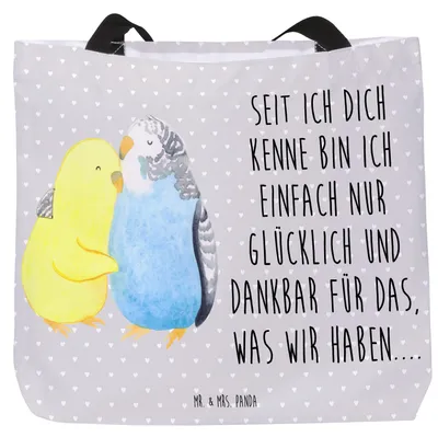 Produktbild von Mr. & Mrs. Panda Beutel Wellensittich Liebe - Grau Pastell - Geschenk, Freundin, Tasche, Schultasche, Strandtasche, Kuscheln, Reisetasche, Vögel, Tragetasche, Verliebt