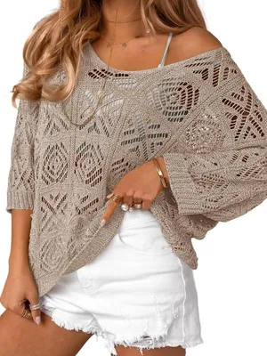 Produktbild von Imily Bela Damen Häkel-Cover-up-Top für den Sommer – Off-Shoulder-Pullover mit 3/4-Ärmeln, Mesh-Optik, Boho-Stil – Strand- und Badeanzug-Überwurf