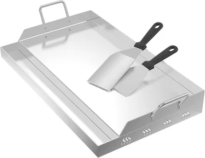Produktbild von ROSEJANE Edelstahl Grillplatte 51 × 32 × 7 cm – BBQ Plancha mit Fettablaufrinne für Gasgrill & Holzkohlegrill, mit Griffen und 2 Grillspachteln