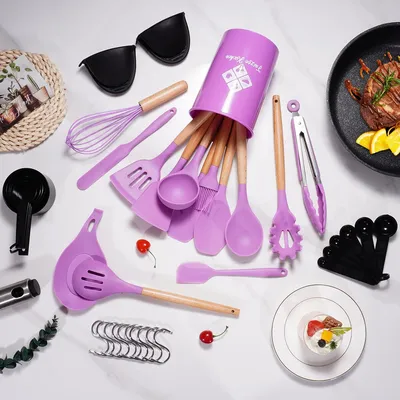 Produktbild von [38 tlg. Küchenhelfer Set in verschiedenen Farben] Silikon Kochbesteck Küchenutensilien mit Holzgriff Küchenzubehör, Farben:Violett