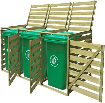 Produktbild von Mülltonnenbox mit DREI aufklappbare Deckel & DREI öffnende Türen, Mülltonnenschuppen für 3 Tonnen, abschließbar, Robust und langlebig, 218,3 x 92 x 120 cm 240 L Imprägniertes Holz