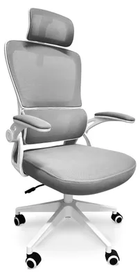 Zdjęcie produktu dla Lyn - Ergonomiczny fotel biurowy z regulacją wysokości, zagłówkiem, podparciem lędźwiowym i kółkami obrotowymi - biały i szary