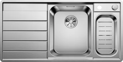 Immagine prodotto di BLANCO Axis III 6 S-IF - Lavello - acciaio inox liscio - 1 vasca e 1/2 - scarico a sinistra - autodrenante - senza sifone - piano in vetro - piattino in acciaio inox