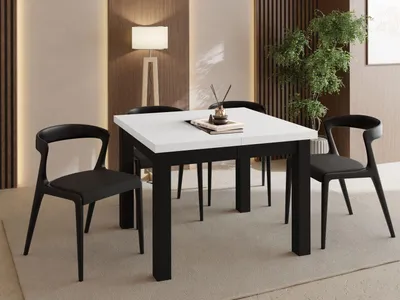 Produktbild von Quadratischer Esstisch Ausziehbar 90 bis 290 cm – Verlängerbar, für 4-14 Personen mit Schwarzen Holzbeinen – Tisch für Wohnzimmer & Esszimmer in Weiß