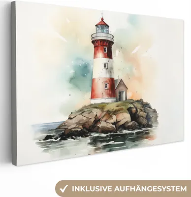 Produktbild von MuchoWow® - Leinwandbilder - Leuchtturm - Felsen - Weiß - Natur - Meer - Maritim, Wandbild, Wanddeko Bilder Wohnzimmer, 120x80 cm