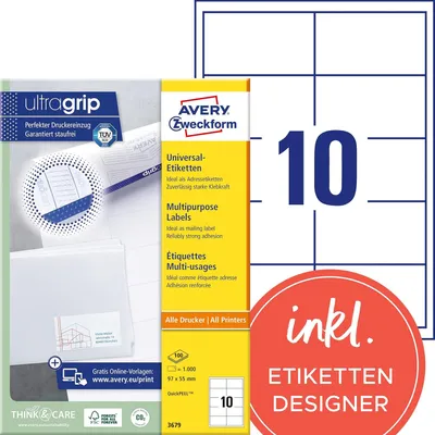 Obrázok produktu pre Avery 3679, Biela, Papája, Laserový, 97 x 55 mm, 1000 kusov