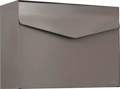 A modern, minimalist mailbox is shown against a light gray background.