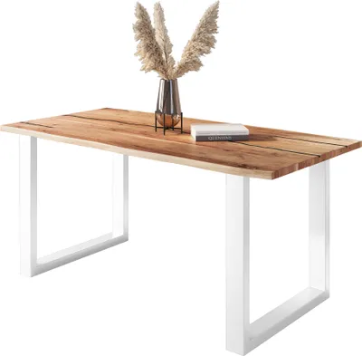 Produktbild von Baumkantentisch Akazie mit schwarzen Resin-Adern naturfarben 180 x 90 cm U-Gestell weiß POLLY