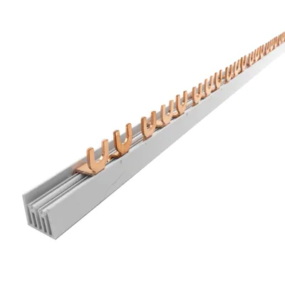 A long, thin electrical component with multiple copper connectors attached to a gray base, shown against a white background.
