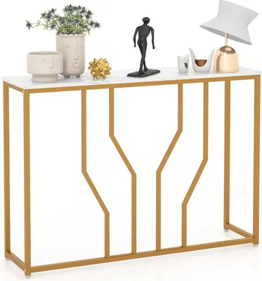 Obrázok produktu pre Konzolový stolík s geometrickým kovovým rámom Vstupný stolík 110 x 30 x 80 cm zlatá + biela