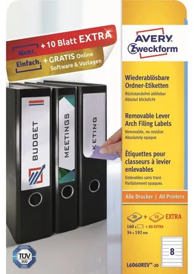Image de Avery Zweckform® L6060REV-20 L6060REV-20 Étiquettes de classeur, 34 x 192 mm, 30 feuilles/240 étiquettes, blanc
