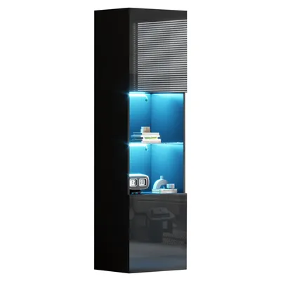 Produktbild von Hochglanzschwarze Vitrine mit LED-Beleuchtung, 1 Glasboden, 45*35*160 cm, Vitrine, freistehende Vitrine, Hochschrank, Lagerschrank