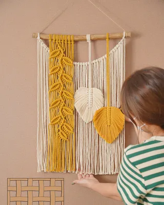 Immagine prodotto di Macramè appeso alla parete arazzo di piume di foglie decorazione boho arazzo fatto a mano decorazione della casa bohemien soggiorno piatto camera da letto decorazione di nozze, giallo