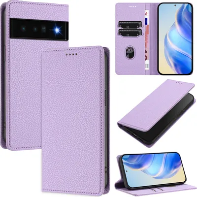 Produktbild von Litchi Leder Handyhülle für Google Pixel 6 Pro Wallet Kartenfächer Standfunktion Hülle Violett